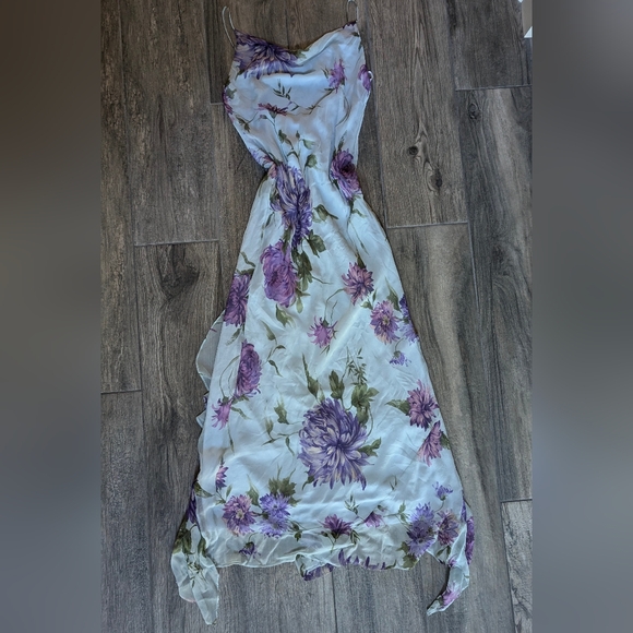 100% SILK Floral Blue Purple Cowl Neck slip formal dress ruffle - Picture 1 of 9